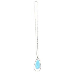 Silver Teardrop Pendant Necklace With Long Chain & Blue Stone Accent